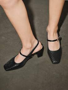 Bholvia Women's Woven Texture, Square Toe, Block Heel, Fashion, PU Leather, Black, Slingback, Office Spring Shoes Summer Shoes - Black - View 3