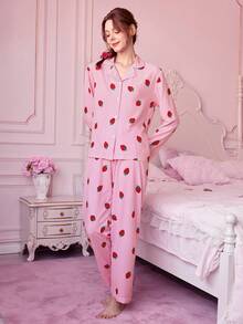 条纹草莓印花睡衣套装，甜美可爱翻领纽扣长袖上衣和长裤，女士睡衣家居服套装，秋冬 - 粉色 - 查看 7