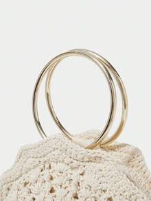 SHECARRY Fashionable Woven Women's Handbag, Beige Hollow Fan-Shaped Tote - Beige - View 4