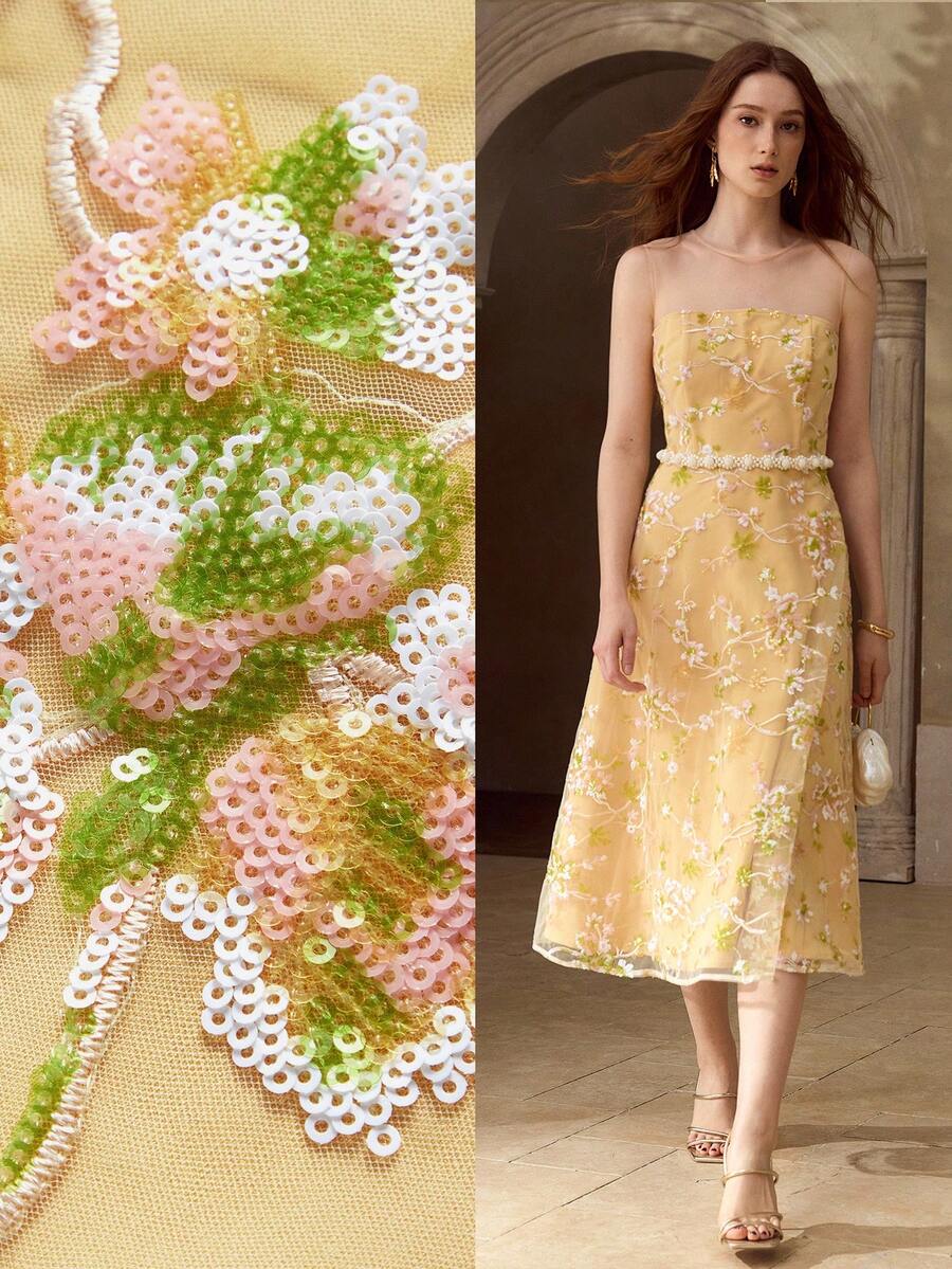 MOTF PREMIUM 女士优雅网纱刺绣A字中长连衣裙，适合各种场合和约会