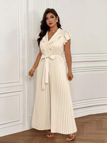 Femmeverse Plus Size Women's Elegant Elegant Office Commute Solid Color Flutter Sleeve Self-Tie Waist Wide Leg Jumpsuit, Suitable For Spring, Summer And Autumn - Apricot - View 7