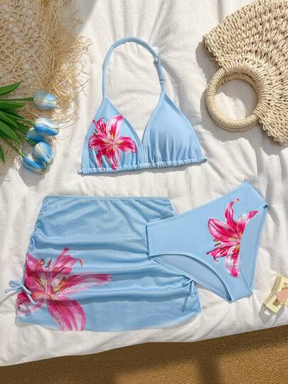 SHEIN Tween Girls Bikini Sets, Cute Blue & Pink Lily Flower 6-Petal Knit Fabric Spaghetti Strap Adjustable Neck Tie, Waist Drawstring Skirt, 3-Piece Swimsuit Set, Fashionable Elegant Casual, Suitable For Swimming, Summer Vacation, Beach, Pool, Holiday Party