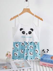 Girls Panda Print Shorts & Camisole 2pcs Set, Casual Loungewear - White - View 3