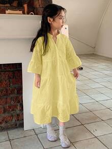 Dazy Kids Đầm dài ngang gối dáng rộng thoải mái kiểu đi nghỉ mát cho bé gái, hàng mới về mùa hè. - Màu vàng - Xem 3