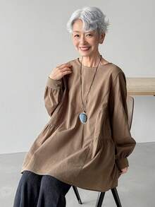 FRIFUL 女士纯棉褶皱圆领长袖宽松休闲百搭衬衫，适合春夏穿着 - 灰色 - 查看 5