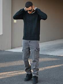 Devon Thys 黑色圆领抽绳提花休闲学院风英伦风套头毛衣，男士春秋冬款，长袖上衣 - 黑色 - 查看 6