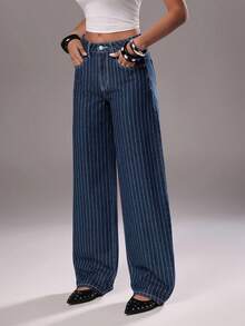 TRNVIE 休闲条纹低腰直筒牛仔裤 - 中等水洗藍 - 查看 3