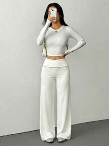 SHEIN PETITE Women's Solid Color Fold-Over Waist Wide-Leg Loose Casual Pants Sweatpants, All-Match Home Wear For Autumn And Winter - White - View 4