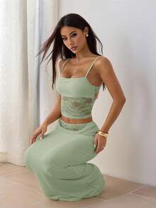 SHEIN PETITE Ladies Summer Lace Stitching See-Through Two Pieces Suit Backless Top + Long Skirt Sexy And Elegant Festival Wear Valentine's Day Dating Wear Music Festival Banquet Light Dress Suitable For Autumn And Winter Inner Wear - Green - View 1