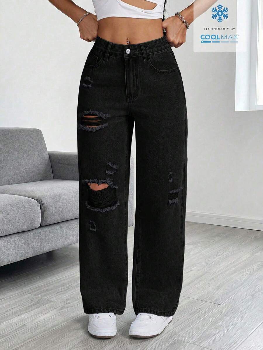 StreetHx Women's Fashion Solid Color Distressed Straight Leg Jeans - Black - View 1