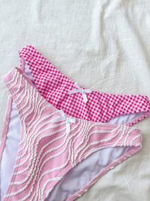 2件套少女比基尼套装，夏季海滩度假格子蝴蝶结泳衣套装+纯色纹理泳衣套装 - 彩色 - 查看 5