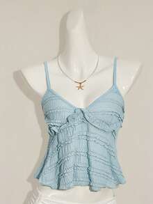 Women's Sleeveless Blouse With Ruffles In Solid-Color Textured Fabric For Summer And Vacation - Light Blue - View 3