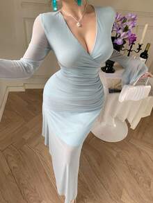 DAZY 女士优雅纯色V领褶皱不对称中长连衣裙，春夏款 - 藍色 - 查看 10