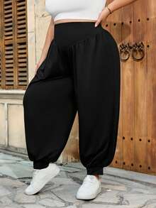 SHEIN CURVE+ Curve 尺码 US22 音乐节、海滨度假、波西米亚风女士高腰宽松抽绳慢跑裤，舒适女裤 - 黑色 - 查看 4