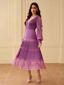 ZEYLAH V领蕾丝拼接褶裥A字连衣裙，春夏款 - 紫丁香色 - 查看 5