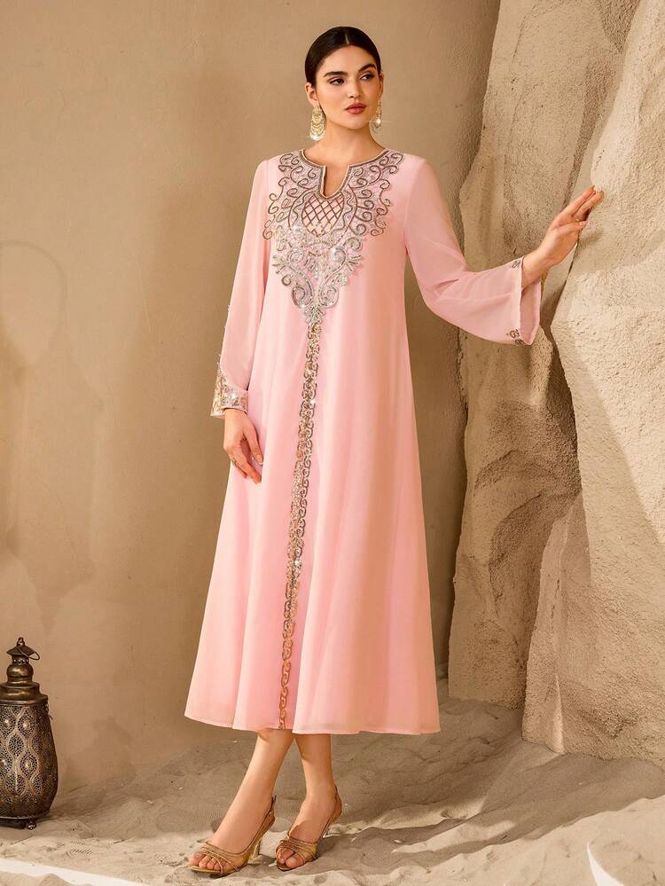 Al Najma Women's New Arrival Elegant Heavy Embroidered Collar Arabic Style Dress - Baby Pink - View 5