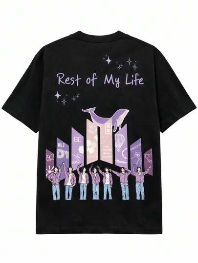 Playera Army de Moda Estética, BLANCA Y NEGRa Camisa de Manga Corta Estilo Vintage para Fans de K-pop, Top Casual de Verano con Estampado Gráfico Retro, Ropa de Concierto Bangtan  diseño frente y espalda, algodon