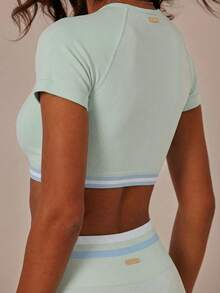 Aralina Women's Striped Crew Neck Cropped Raglan Sleeve T-Shirt And Leggings Sports Suit - Mist Green - View 5