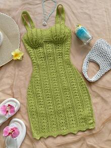 Soleia Women's Vacation Knit Textured Fabric Ocean Shell Mini Dress, Sexy Party Date Beach Holiday Summer Outfit, Suitable For Holiday Date, Afternoon Tea, Wedding Season, Beach Cruise Vacation, City Road Trip Vacation, Boho Vacation, Music Festival - Green - View 3