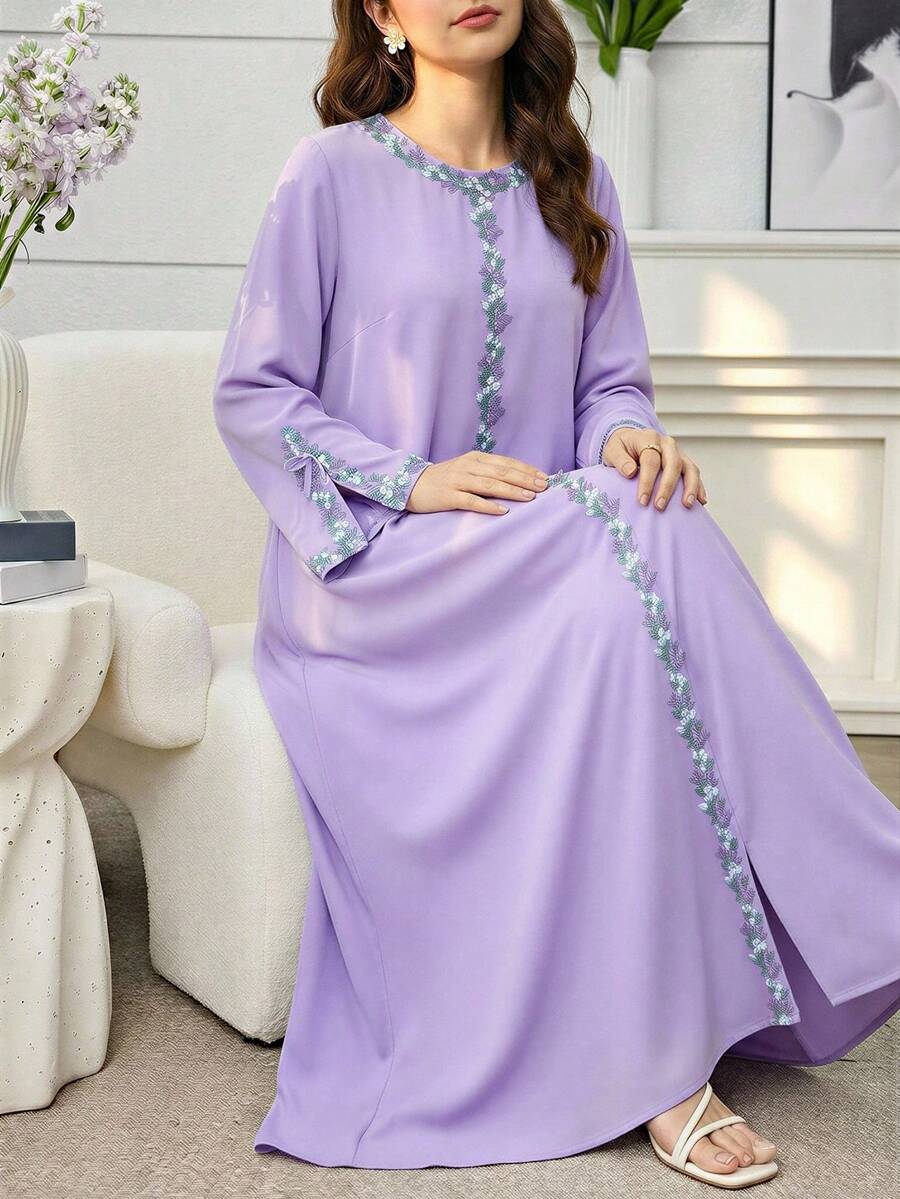 Teen Girl Floral Print Crew Neck Split Sleeve Elegant Dress - Purple - View 1