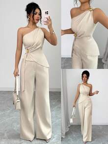 Selianne Set de 2 piezas con parte superior sin mangas de hombro asimétrico y falda para mujeres - Albaricoque - Ver 9