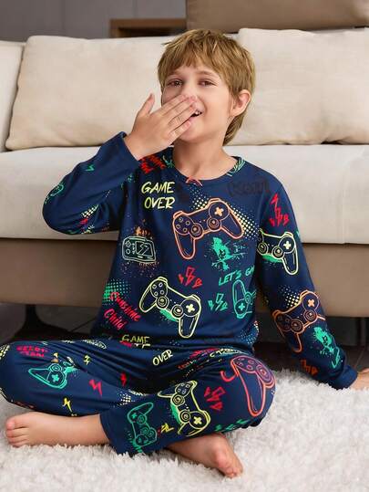 2pcs/Set Boys' Video Game Print Long Sleeve Pajama Set