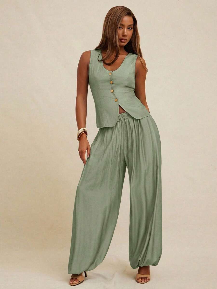 NYA SZN 女士套装（上衣+裤子）上衣背心深V领纽扣修身长裤高腰飘逸褶皱裤适合办公室、商务休闲、日常休闲、早午餐、端庄教堂、秋冬季通勤穿着 - 軍綠色 - 查看 1