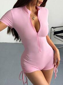 Lyxana Women's Solid Color Stand Collar Zipper Fitted Short Sleeve Jumpsuit - Pink - View 4