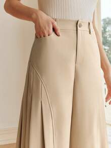 Anewsta 现代派对褶皱简约高腰卡其色百搭通勤阔腿裤（女款） - 卡其色 - 查看 2