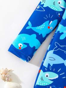 SHEIN 男童卡通印花连体泳衣，适合海滩/度假 - 藍色 - 查看 6