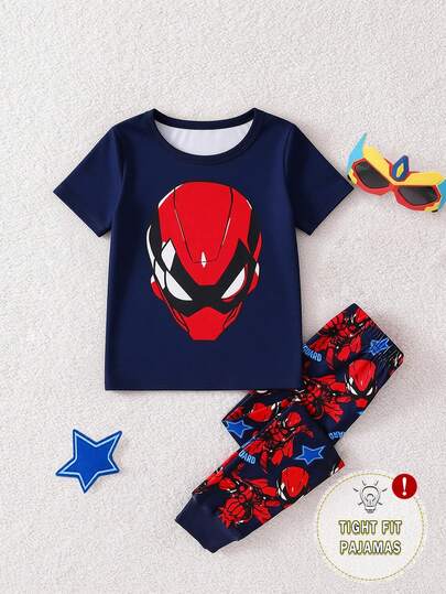 1set Young Boy Snug Fit Spider & Superhero Graphic Print Round Neck Short Sleeve Pajama Set, Spring/Summer
