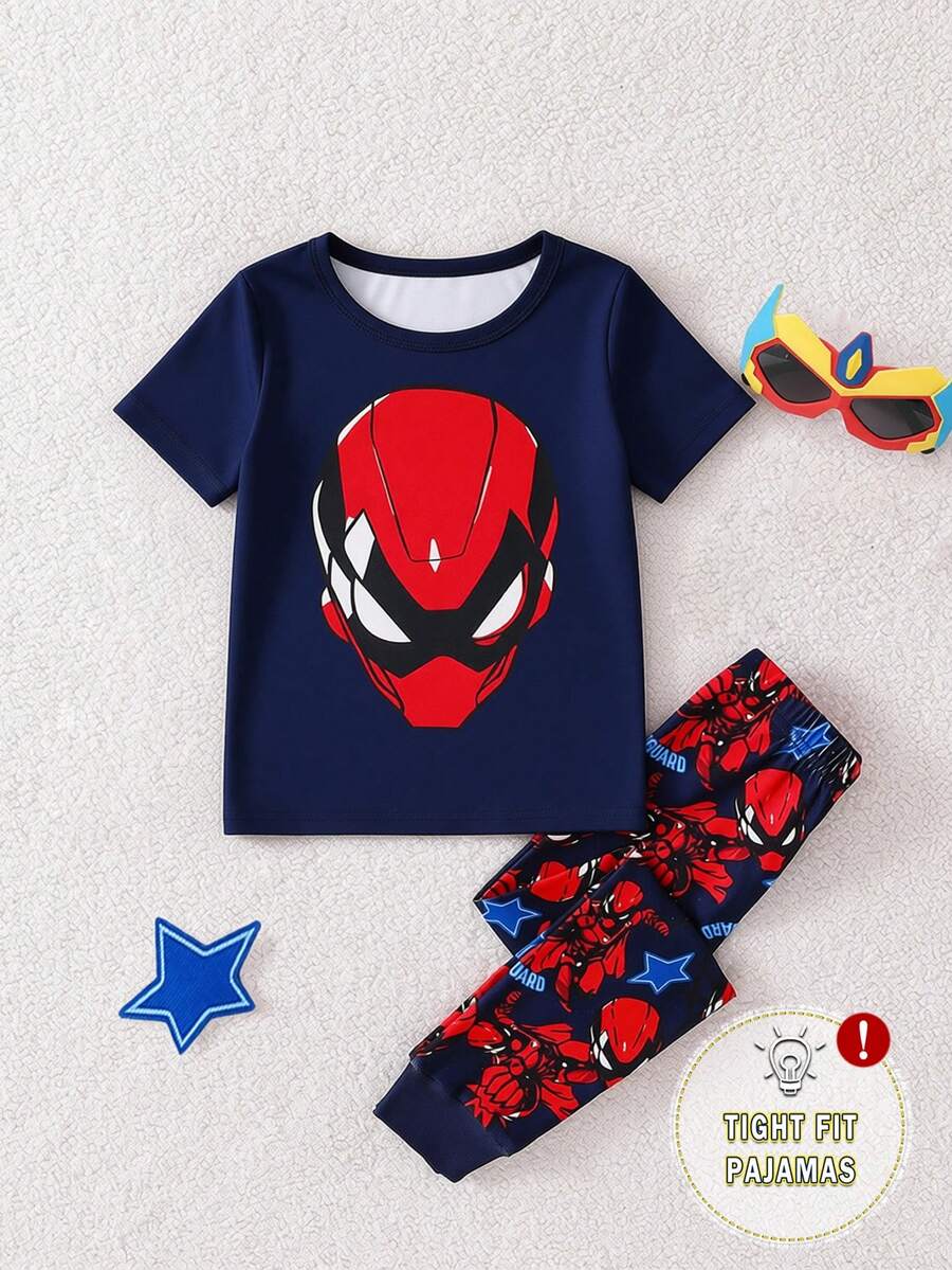1set Young Boy Snug Fit Spider & Superhero Graphic Print Round Neck Short Sleeve Pajama Set, Spring/Summer - Royal Blue - View 1