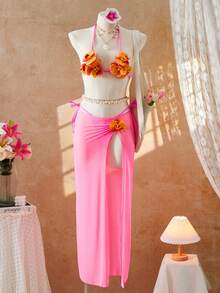 Bonvoyette 3pcs Women's New Floral Halter Backless Swimsuit Top And Tie Side Swim Bottoms With Beach Skirt Sexy Swimwear Set - Multicolor - View 2