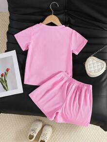 SHEIN Genkimix Kids 女童可爱爱心刺绣针织短袖T恤套装，时尚休闲运动装，适合日常、户外、度假穿着 - 玫紅色 - 查看 2