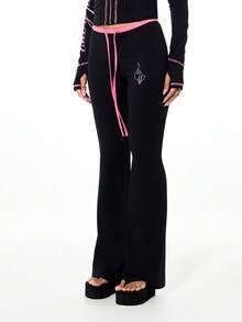 BABYPHAT Women's High Waisted Flare Leggings With Tie Waist Detail And Side Contrast Trim For Casual Everyday Wear - Black - View 1