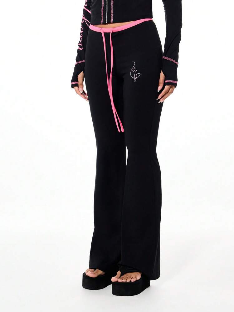 BABYPHAT Women's High Waisted Flare Leggings With Tie Waist Detail And Side Contrast Trim For Casual Everyday Wear