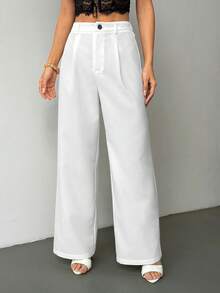 SHEIN PETITE 教师装女装灰色褶裥优雅长裤带口袋，秋冬灰色高腰阔腿裤宽松大码裤商务职业女装宽松阔腿裤秋季女装冬季女装外出下装 - 白色 - 查看 3