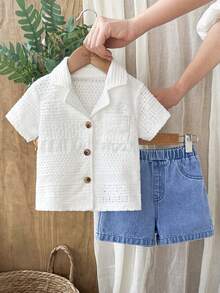 SHEIN Vintaside Kids 男女通用新生儿至1岁宝宝套装，杏色短袖衬衫和短裤套装，纹理面料，适合夏季外出穿着 - 彩色 - 查看 4