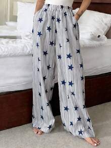 DAZY Quần pajama dài ống rộng dáng suông in họa tiết sọc và sao dành cho nữ - Màu xanh hải quân - Xem 4