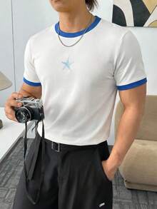 EASEVO Camiseta de manga corta casual y holgada para hombre de talla grande, blanca con gráfico de color contrastante - Blanco - Ver 4