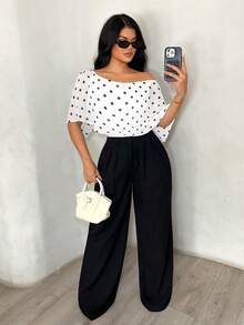 SHEIN SXY Women's Polka Dot Off-Shoulder Casual Bodysuit, Versatile For Daily Wear, Off The Shoulder ,Summer ,Elegant ,Vacation,Beach,Spring - Black and White - View 3