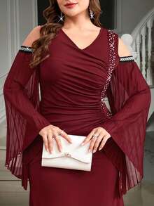 Reflora Vestido de manga abullonada con volantes y cuentas de perlas falsas, elegante y de talla grande, para otoño - Burdeos - Ver 9