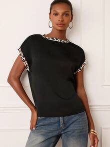 Lilora Women's Black Summer Elegent Smart Office Round Neck Satin Leopard Print Patchwork Blouse,High-End Fashionable Short Sleeve Versatile Tops For Women - Black - View 4