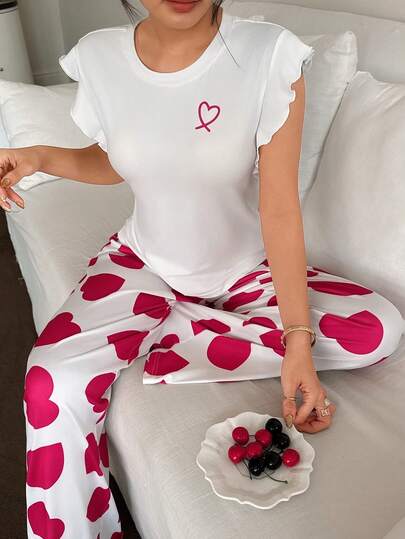 SHEIN Napfluff Heart Print Short Sleeve & Pants Cute Pajama Set