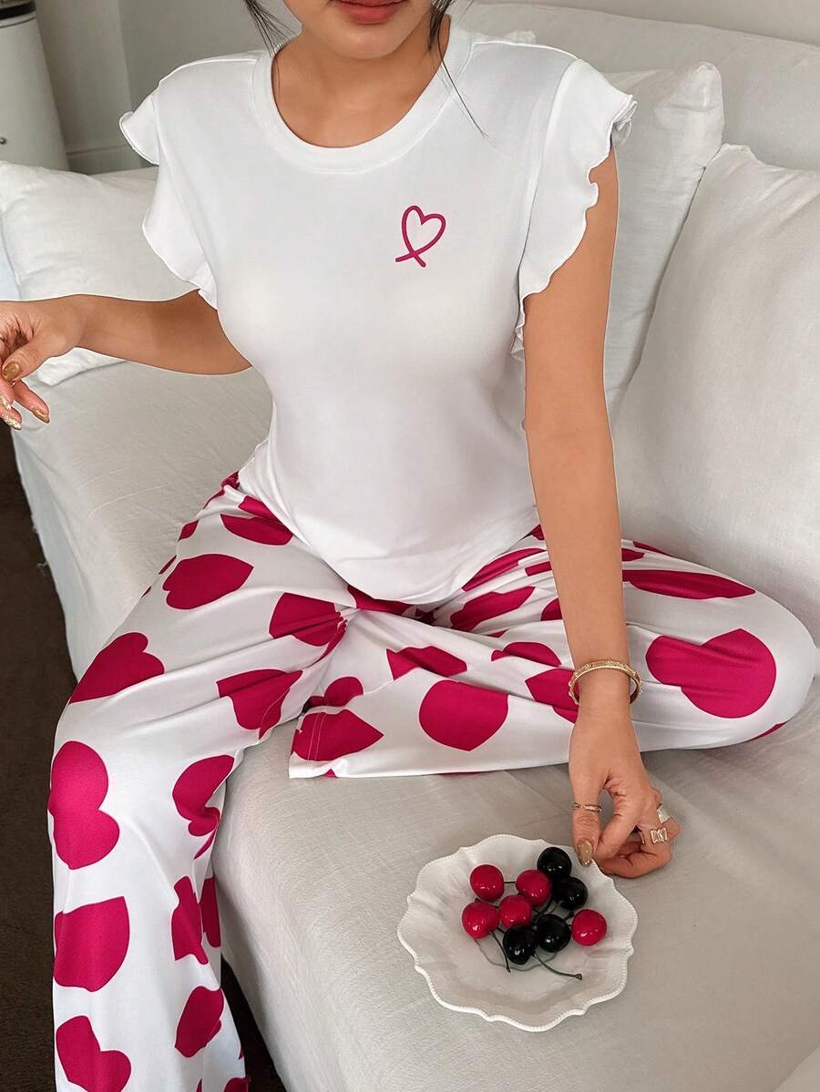 SHEIN Napfluff Heart Print Short Sleeve & Pants Cute Pajama Set - White - View 1