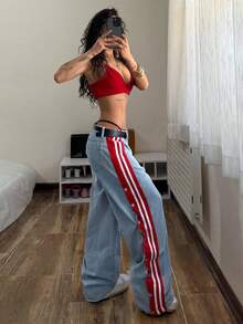 StreetHx Women's Casual Versatile Patchwork Denim Jeans With Sporty Style - Light Wash - View 5