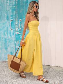 Vivid Eden 女士纯色开衩褶皱休闲派对长裙，夏季服装，春季女装，春季连衣裙，女士海滩度假装，外出装，生日礼服，假日装，黄色连衣裙，女士休闲连衣裙，优雅派对连衣裙，夏季长款连衣裙，女士夏季服装，女士夏季连衣裙，女士夏季度假服装，女士夏季服装，黄色连衣裙，女士黄色长裙，女士海滩黄色服装，无肩带长款连衣裙 - 鵝黃色 - 查看 15