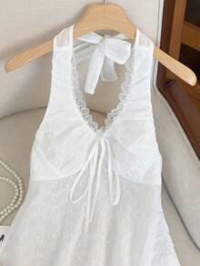 INAWLY 女士蕾丝边前系带刺绣时尚吊带背心 - 白色 - 查看 3