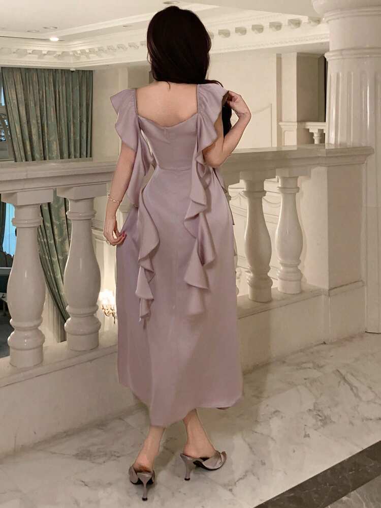Women's Elegant Solid Color Square Neck Ruffle Hem Mid-Length Dress, Summer,Wedding Guest Dress Women Sundress