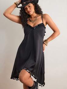 Freevana Vestido de tirantes con lentejuelas para mujer de talla grande, elegante para citas y fiestas - Negro - Ver 1